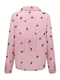 Romildi Romildi Bird Print Button Front Shirt, Casual Long Sleeve Shirt For Spring & Fall, Women's Clothing