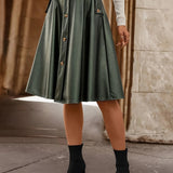 Romildi Faux Leather Button Front Skirt, Elegant Ruffle Hem Midi Skirt With Pocket, Women's Clothing