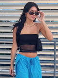 Romildi Contrast Mesh Crop Tube Top, Sexy Backless Slim Tube Top For Summer, Women's Clothing