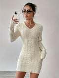 Cable Twist V Neck Knit Dress, Casual Long Sleeve Dress For Fall & Winter, Women's Clothing
