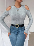 Romildi Solid Cold Shoulder Simple Top, Versatile Long Sleeve Slim T-shirt For Spring & Fall, Women's Clothing