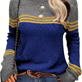 Romildi Color Block Boat Neck Knitted Top, Casual Long Sleeve Pullover Sweater For Fall & Winter, Women's Clothing