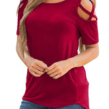 Romildi Cross Open Shoulder Crew Neck T-shirt, Casual Loose Short Sleeve Fashion Summer T-Shirts Tops, Women's Clothing