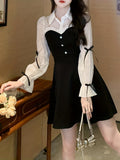 Romildi Ruffle Trim Splicing Dress, Elegant Turn Down Collar Long Sleeve Sweetheart Neck Dress, Women's Clothing