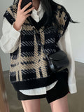 Romildi Plaid Pattern V Neck Knit Vest, Vintage Long Sleeve Loose Sweater Vest, Women's Clothing