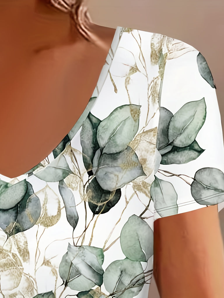 Romildi Women's Plus Size Leaf Print V-Neck T-Shirt - Comfortable and Stylish Short Sleeve Top