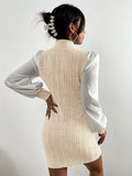 Romildi Color Block Ribbed Dress, Elegant Lantern Sleeve High Neck Slim Dress, Women's Clothing