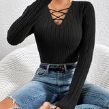 Romildi Ribbed Cross Front V Neck T-Shirt, Casual Long Sleeve Top For Spring & Fall, Women's Clothing