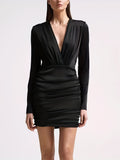 Romildi Solid Deep V Neck Ruched Dress, Sexy Long Sleeve Bodycon Dress For Spring & Fall, Women's Clothing