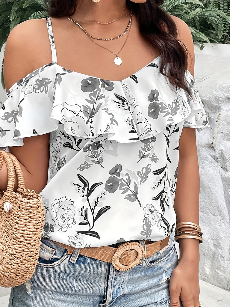 Romildi Boho Floral Print Spaghetti Blouse , Vacation Cold Shoulder Ruffle Trim Summer Tops , Women's Clothing