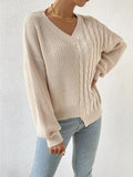 Romildi Women's Sweater Casual V Neck Cable Long Sleeve Loose Fall Winter Sweater