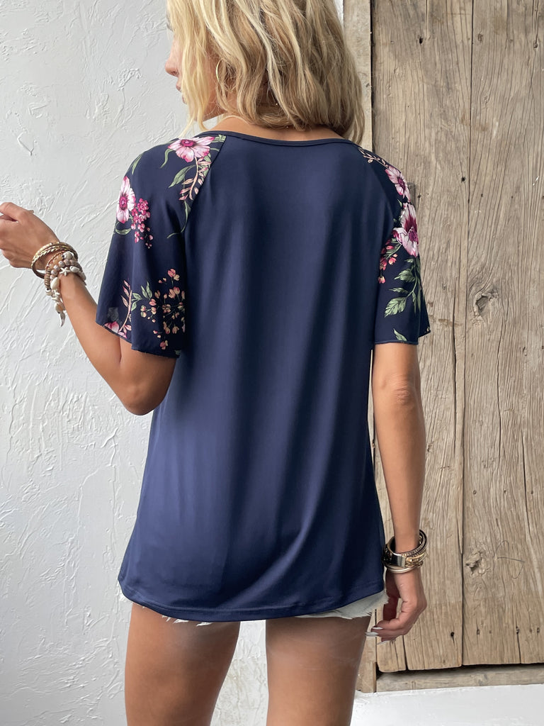 Romildi Floral Print Flutter Sleeve T-Shirt, Short Sleeve Casual Top For Spring & Summer, Women's Clothing