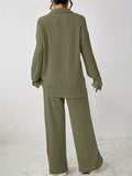 Romildi Solid Ribbed Two-piece Set, Elegant Long Sleeve T-shirt & Wide Leg Pants Outfits, Women's Clothing