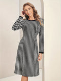 Romildi Houndstooth Pattern Contrast Trim Dress, Elegant Long Sleeve Crew Neck Dress, Women's Clothing