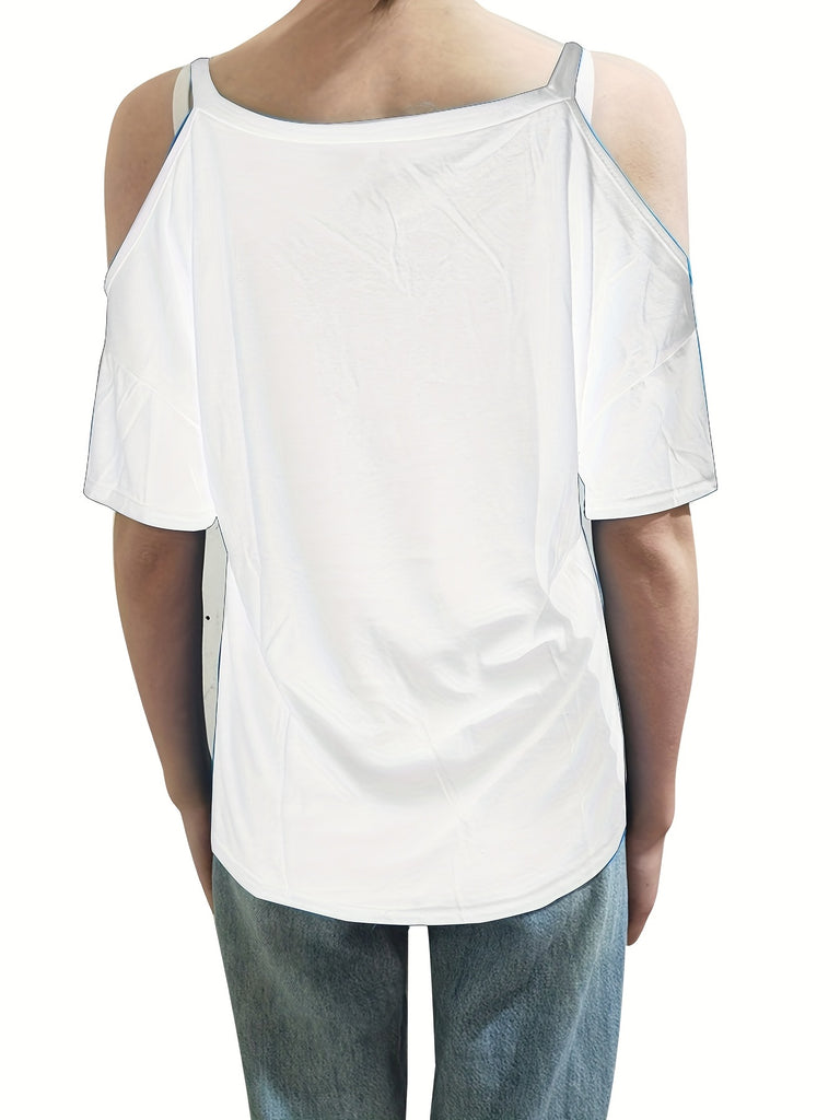 Romildi Cold Shoulder V Neck T-Shirt, Casual Short Sleeve T-Shirt For Spring & Summer, Women's Clothing