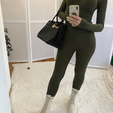 Women's Bodycon Zipper Turtle Neck Jumpsuit, Long Sleeve Solid Stretchy Jumpsuit, Women's Clothing