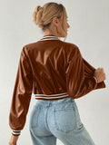 Romildi Faux Leather Crop Jacket, Y2K Zip Front Long Sleeve Jacket For Fall & Winter, Women's Clothing