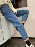 Romildi High Waist Versatile Tapered Jeans, Fleece Liner Keep Warm Casual Mom Jeans, Women's Denim Jeans & Clothing