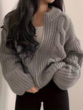 Romildi Solid Zip Up Chunky Knit Cardigan, Vintage Long Sleeve Loose Sweater, Women's Clothing