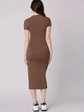 Romildi Bodycon Short Sleeve Dress, Casual Solid Color Crew Neck Dress For Spring & Summer, Women's Clothing