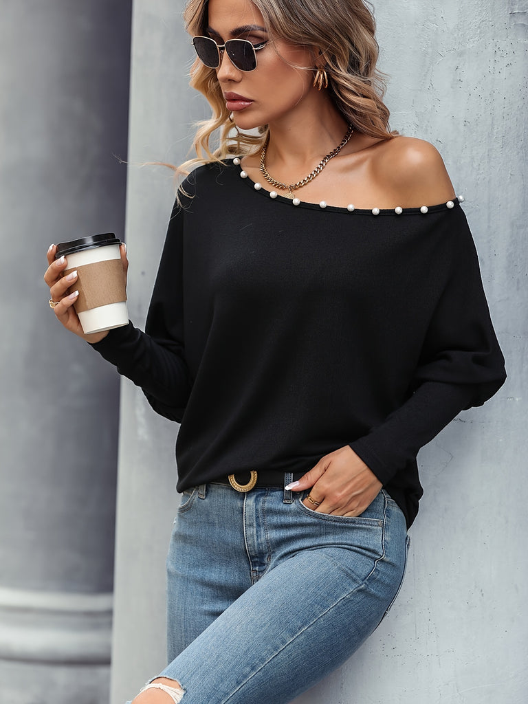 Romildi Basic Solid Off Shoulder T-Shirt, Casual Loose Long Sleeve T-Shirt, Casual Every Day Tops, Women's Clothing