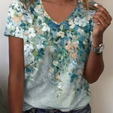 Romildi Floral Print V Neck T-Shirt, Casual Short Sleeve Top For Summer & Spring, Women's Clothing