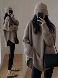 Romildi Solid Crew Neck Pullover Sweater, Casual Split Long Sleeve Oversized Sweater, Women's Clothing