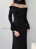 Romildi Ribbed Floral Decor Dress, Elegant Long Sleeve Bodycon Midi Dress, Women's Clothing