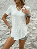 Romildi Back Button Eyelet T-shirt, Casual V Neck Short Sleeve T-Shirt For Spring & Summer, Women's Clothing