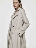 Romildi Solid Faux Leather Double Lapel Long Sleeve Trench Coat, Fashion Fall Winter Overcoat, Women's Clothing