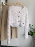 Romildi Faux Fur Button Down Knit Cardigan, Elegant Long Sleeve Cozy Stylish Sweater, Women's Clothing