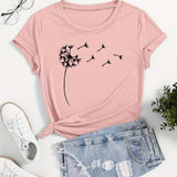 Romildi Romildi Dandelion Print Crew Neck T-Shirt, Casual Short Sleeve T-Shirt For Spring & Summer, Women's Clothing