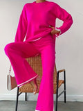 Romildi Casual Contrast Trim Two-piece Set, Long Sleeve Crew Neck Top & Wide Leg Pants Outfits, Women's Clothing