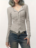 Romildi Long Sleeve Ribbed T-Shirt, Casual Button Up Top For Spring & Fall, Women's Clothing