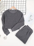 Romildi 2pcs Long Sleeve Casual Sports Sets, Fleece Liner Crew Neck Pullover Sweatshirt & Casual Loose Sweatpants, Women's Activewear
