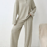Romildi Solid Ribbed Two-piece Set, Elegant Long Sleeve T-shirt & Wide Leg Pants Outfits, Women's Clothing
