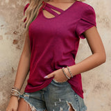 Romildi Solid Color Cross V-neck Fashion Casual T-shirt, Women's Clothing