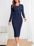 Romildi Solid Ribbed Two-piece Set, Button Front Long Sleeve Cardigan & Sleeveless Bodycon Dress Outfits, Women's Clothing