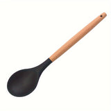 1pc Silicone Spoon with Wooden Handle - Durable, Non-Stick, Heat Resistant, for Cooking & Serving, Ideal for Soup, Salad Mixing, Kitchen Use