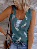 Romildi Feather Print Crew Neck Tank Top, Casual Sleeveless Tank Top For Summer, Women's Clothing