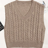 Romildi Solid V Neck Cable Knit Vest, Elegant Sleeveless Sweater Vest, Women's Clothing