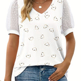 Romildi Feather Print Mesh Stitching V Neck T-Shirt, Casual Swiss Dot Lantern Sleeve Top, Women's Clothing