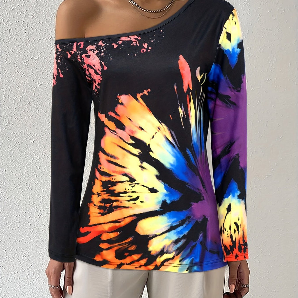 Romildi Tie Dye Print Cold Shoulder T-Shirt, Casual Long Sleeve Top For Spring & Fall, Women's Clothing
