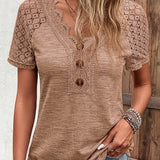 Romildi Contrast Lace Ribbed V Neck T-Shirt, Casual Button Front Short Sleeve Top For Spring & Summer, Women's Clothing