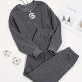 Romildi 2pcs Long Sleeve Casual Sports Sets, Fleece Liner Crew Neck Pullover Sweatshirt & Casual Loose Sweatpants, Women's Activewear