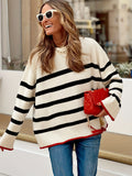 Romildi Striped Crew Neck Loose Sweater, Elegant Long Sleeve Sweater For Fall & Winter, Women's Clothing