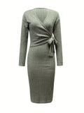 Romildi Ribbed Knotted Dress, Elegant V Neck Long Sleeve Bodycon Dress, Women's Clothing