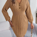 Romildi Cable Knit Sweater Dress, Casual V Neck Long Sleeve Dress, Women's Clothing