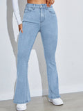 Romildi High Waist High Strech Light Blue Bootcut Jeans, Zipper Button Closure Flare Leg Causal Denim Pants, Women's Denim Jeans & Clothing