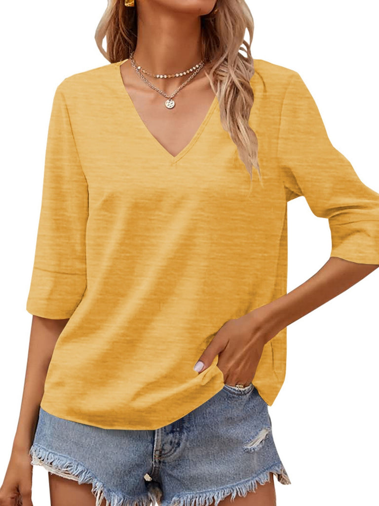 Romildi Women's Oversized V-Neck Shirt Summer Casual Half Sleeve Tunic Top Loose Solid Color Basic T-Shirt